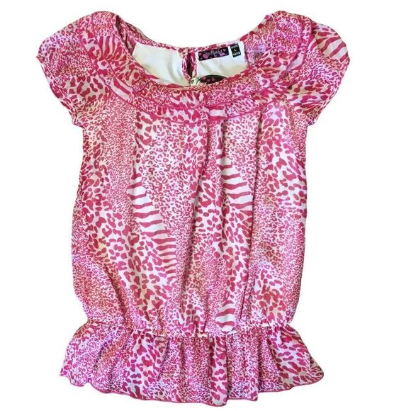 Tempted Blouse Pink White Animal Print Ruffled Layered Scoop Neck Large Girls - Picture 10 of 12
